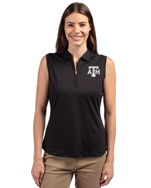 Texas A&M Aggies Cutter & Buck Forge Stretch Womens Sleeveless Polo Black Front