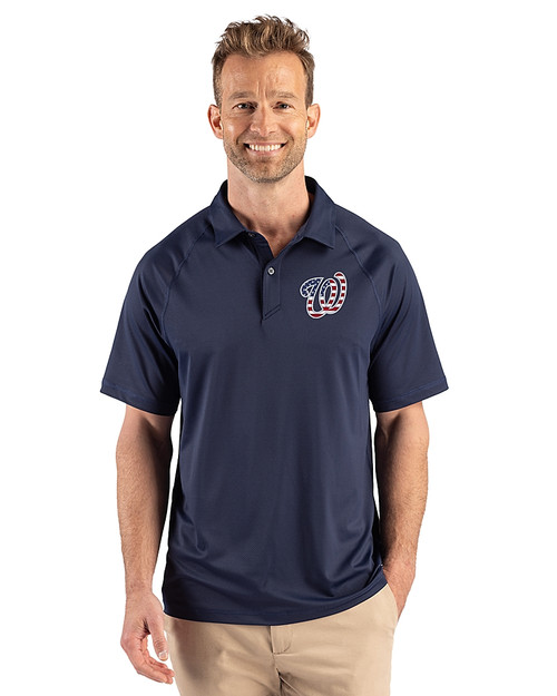 Washington Nationals Stars & Stripes Cutter & Buck Prospect Epic Confidence Recycled Textured Stretch Mens Sport Polo Navy Blue Front