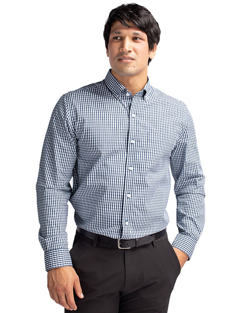 Cutter & Buck Easy Care Stretch Gingham Mens Big & Tall Long Sleeve Button Down Shirt Liberty Navy Front