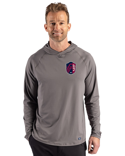 St. Louis City SC Cutter & Buck Prospect Recycled Featherlight Stretch Mens Hooded Pullover Elemental Grey Front
