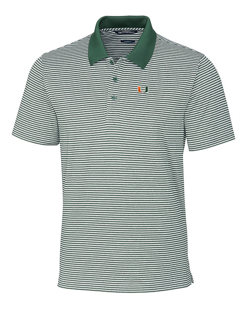 Miami Hurricanes Cutter & Buck Forge Polo Tonal Stripe Tailored Fit Hunter Green Mannequin