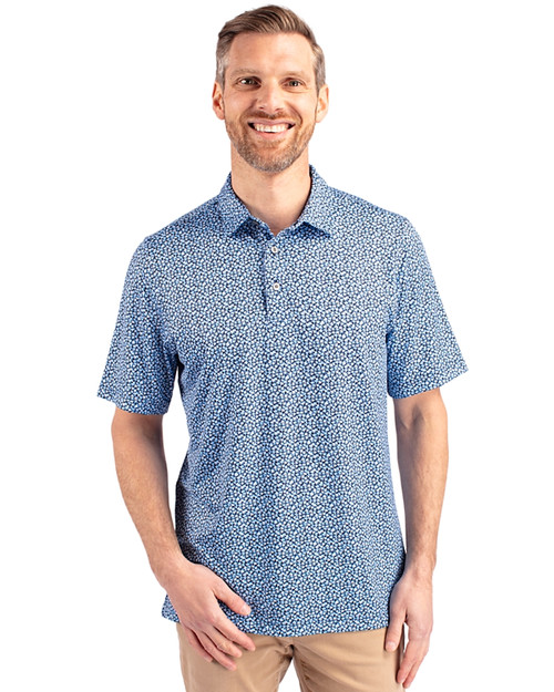 Cutter & Buck Pike Magnolia Print Stretch Mens Polo Atlas/Navy Blue Front