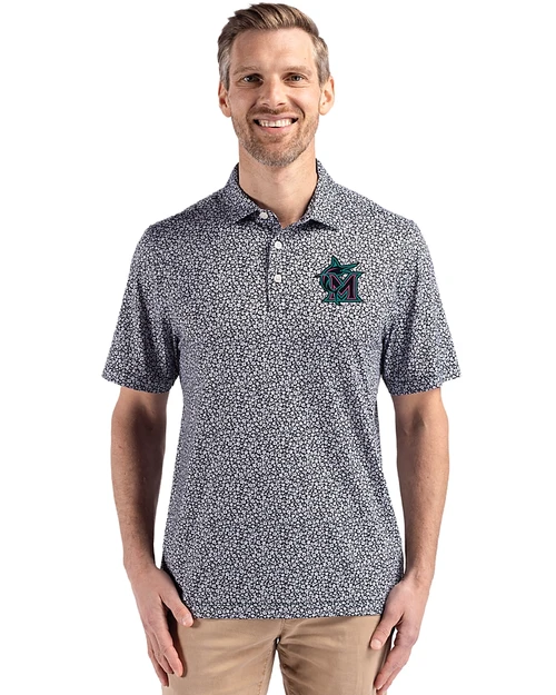 Miami Marlins City Connect- Cutter & Buck Pike Recycled Flora Print Mens Polo Black Front