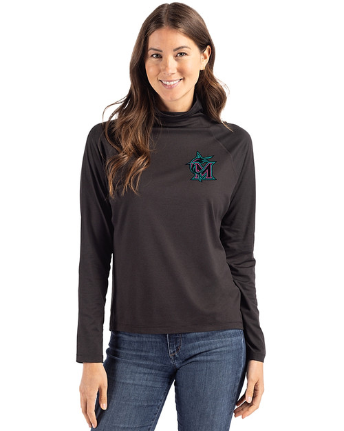 Miami Marlins City Connect- Cutter & Buck Coastline Recycled Double Peached Womens Funnel Neck Pullover Black Front