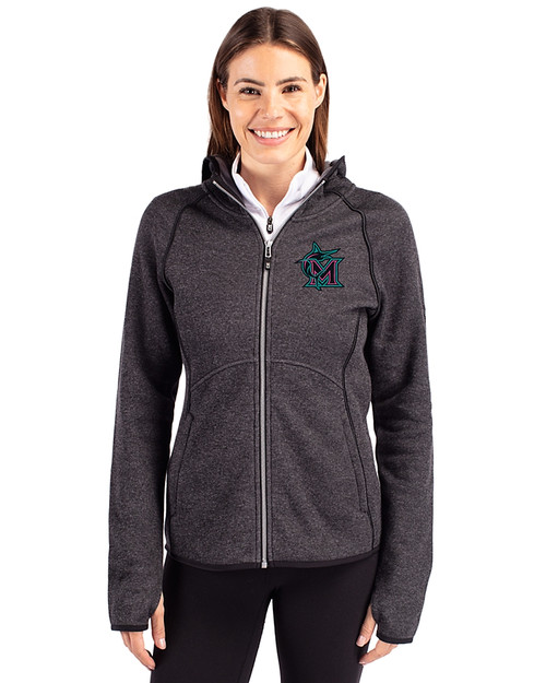 Miami Marlins City Connect- Cutter & Buck Mainsail Sweater-Knit Womens Full Zip Hooded Jacket Charcoal Heather Front