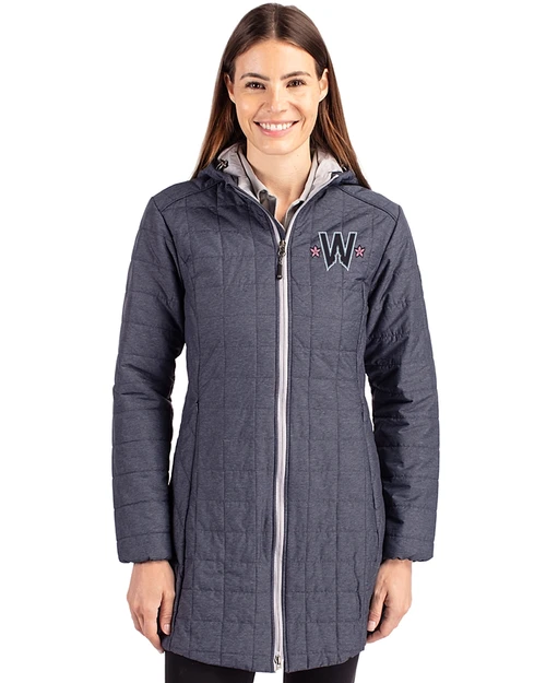 Washington Nationals City Connect- Cutter & Buck Rainier Recycled Insulated Puffer Womens Full Zip Hooded Long Coat Anthracite Melange Front