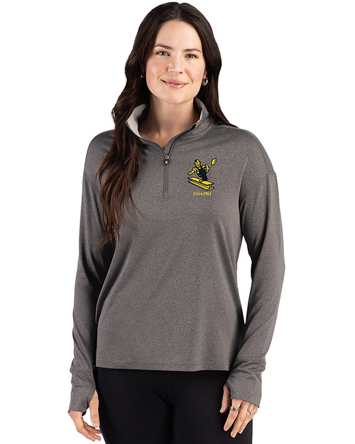 Pittsburgh Steelers Historic Cutter & Buck Forge Recycled Four-Way Stretch Womens Quarter Zip Pullover Dark Black Heather Front