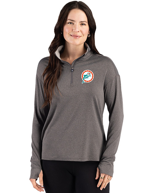 Miami Dolphins Historic Cutter & Buck Forge Recycled Four-Way Stretch Womens Quarter Zip Pullover Dark Black Heather Front