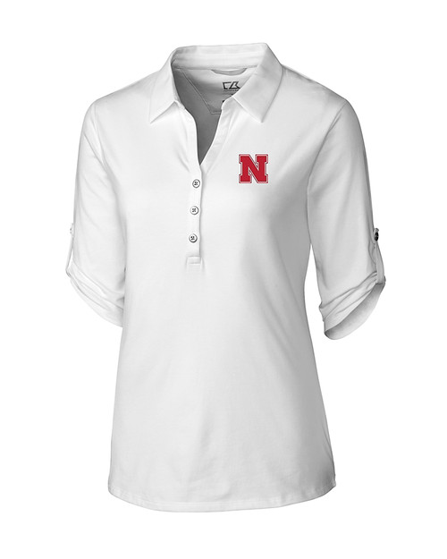 Nebraska Cornhuskers Cutter & Buck Womens Elbow-Sleeve Thrive Polo White Mannequin