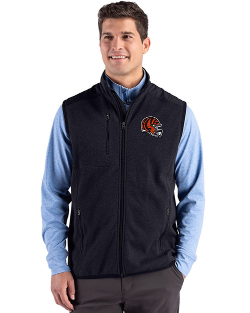 Cincinnati Bengals NFL Helmet Cutter & Buck Hunts Point Recycled Fleece Mens Hybrid Full Zip Vest Black Front