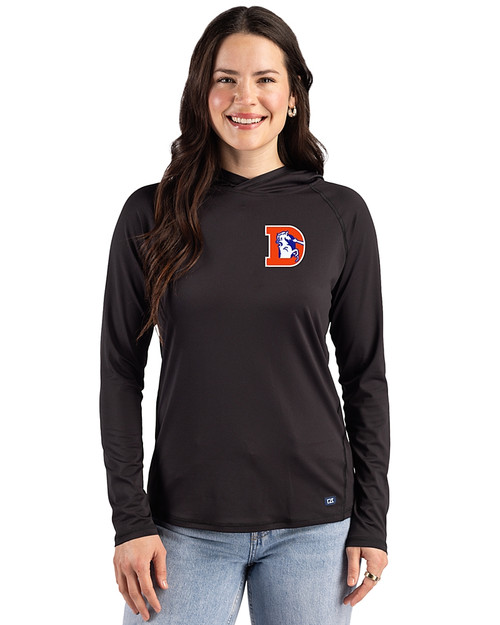 Denver Broncos Historic Cutter & Buck Prospect Recycled  Featherlight Stretch Womens Hooded Pullover Black Front