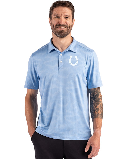 Indianapolis Colts Monochromatic Cutter & Buck Coastline Recycled Double Peached Camo Print Mens Polo Atlas Light Blue Front
