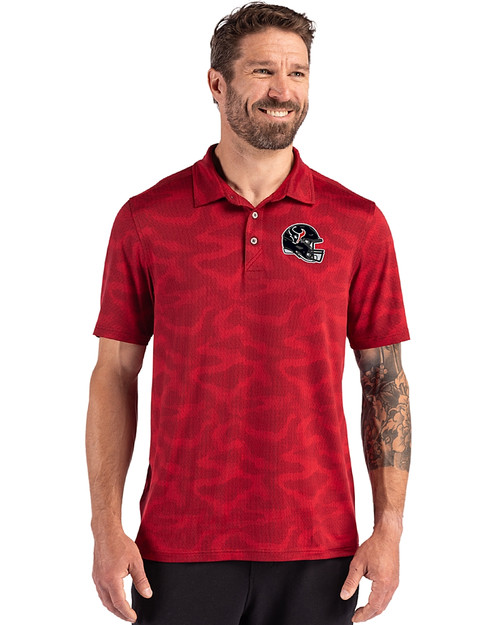 Houston Texans NFL Helmet Cutter & Buck Coastline Recycled Double Peached Camo Print Mens Polo Cardinal Red Front