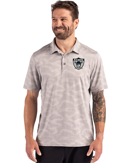 Las Vegas Raiders Historic Cutter & Buck Coastline Recycled Double Peached Camo Print Mens Polo CONCRETE Front