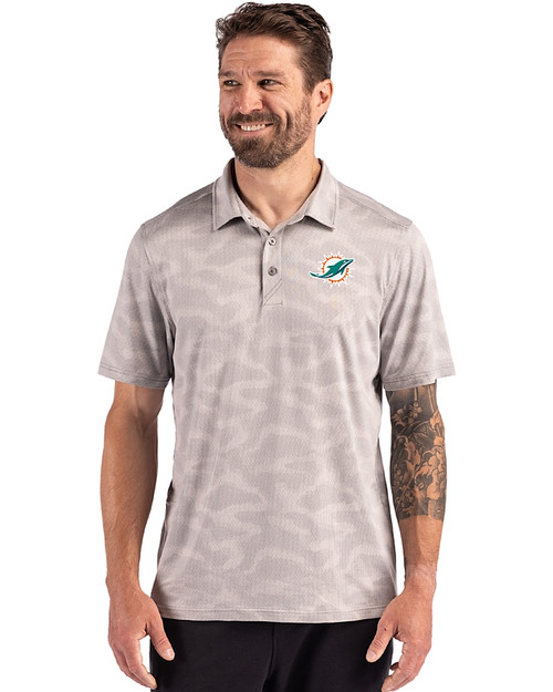Miami Dolphins Cutter & Buck Coastline Recycled Double Peached Camo Print Mens Polo CONCRETE Front
