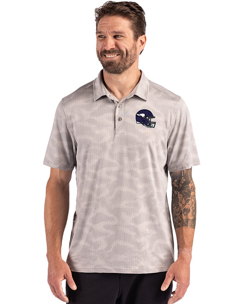 Minnesota Vikings NFL Helmet Cutter & Buck Coastline Recycled Double Peached Camo Print Mens Polo CONCRETE Front