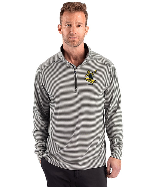 Pittsburgh Steelers Historic Cutter & Buck Forge Recycled Double Stripe Four-Way Stretch Mens Quarter Zip Pullover Black/White Front
