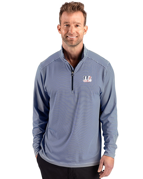 Cincinnati Bengals Americana Cutter & Buck Forge Recycled Double Stripe Four-Way Stretch Mens Quarter Zip Pullover Navy Blue/White Front