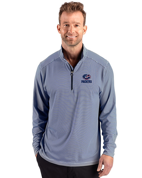 Green Bay Packers Americana Cutter & Buck Forge Recycled Double Stripe Four-Way Stretch Mens Quarter Zip Pullover Navy Blue/White Front