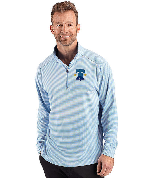Philadelphia Phillies City Connect Cutter & Buck Forge Recycled Double Stripe Four-Way Stretch Mens Quarter Zip Pullover Atlas/White Front