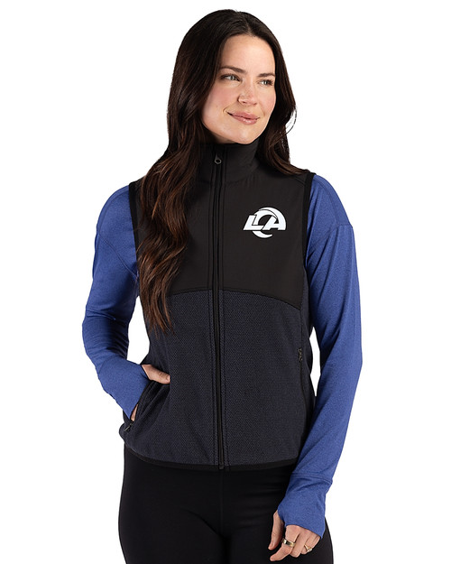 Los Angeles Rams Monochromatic Cutter & Buck Hunts Point Recycled Fleece Womens Hybrid Full Zip Vest Black Front