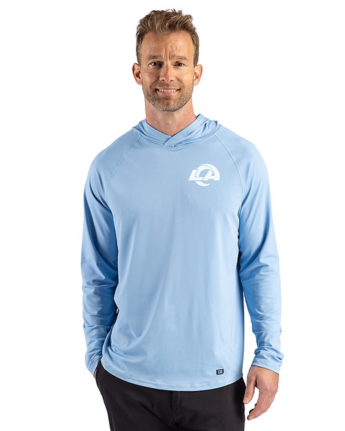 Los Angeles Rams Monochromatic Cutter & Buck Prospect Recycled Featherlight Stretch Mens Hooded Pullover Atlas Light Blue Front