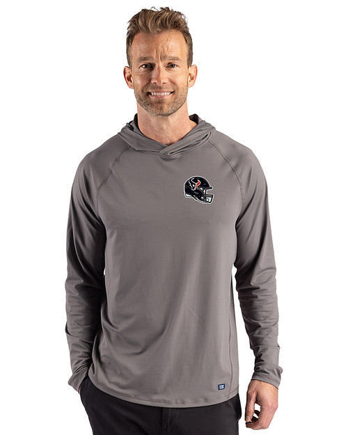 Houston Texans NFL Helmet Cutter & Buck Prospect Recycled Featherlight Stretch Mens Hooded Pullover Elemental Grey Front