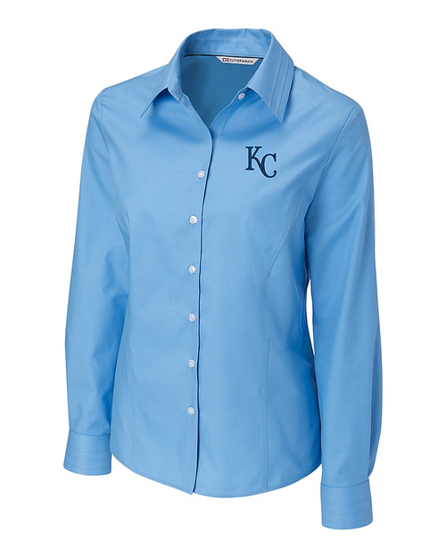 Kansas City Royals Cutter & Buck Epic Easy Care Fine Twill Womens Long Sleeve Dress Shirt Atlas Light Blue Mannequin