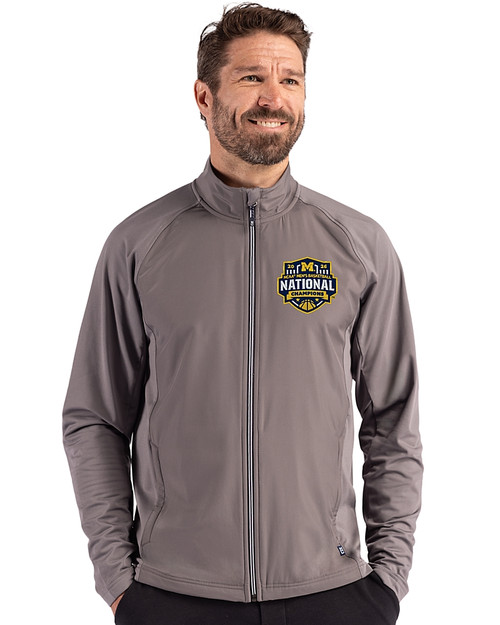 Michigan Wolverines 2026 NCAA Men's Basketball National Champions Cutter & Buck Adapt Recycled Soft Knit Stretch Mens Hybrid Full Zip Jacket Elemental Grey Front