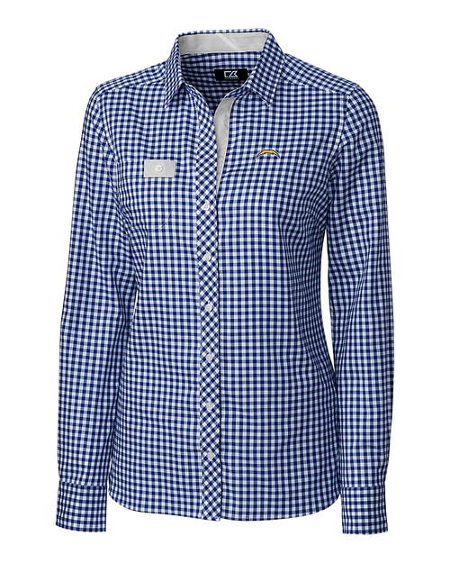 Los Angeles Chargers Cutter & Buck Womens Long Sleeve League Gingham Shirt Tour Blue Mannequin