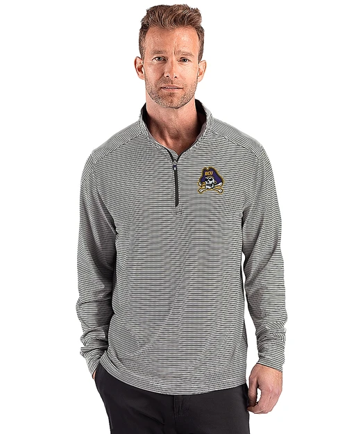 East Carolina Pirates Cutter & Buck Forge Recycled Double Stripe Four-Way Stretch Mens Quarter Zip Pullover Black/White Front
