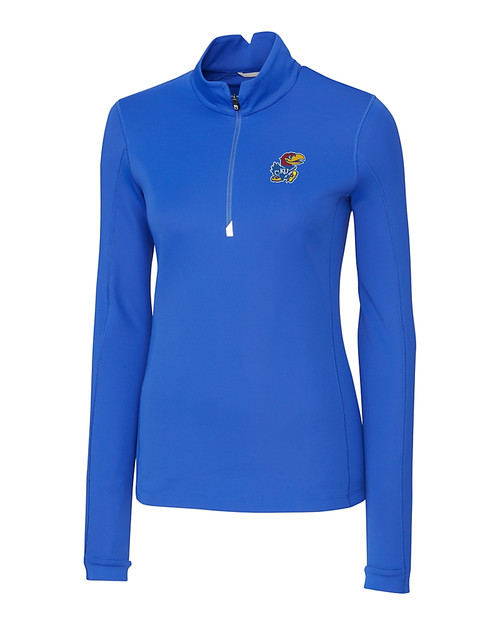 Kansas Jayhawks Cutter & Buck Traverse Stretch Eco Quarter Zip Womens Pullover Chelan Blue Mannequin