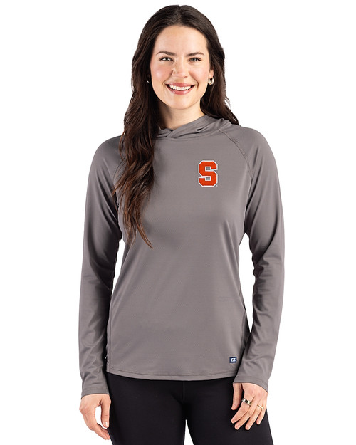 Syracuse Orange Cutter & Buck Prospect Recycled  Featherlight Stretch Womens Hooded Pullover Elemental Grey Front