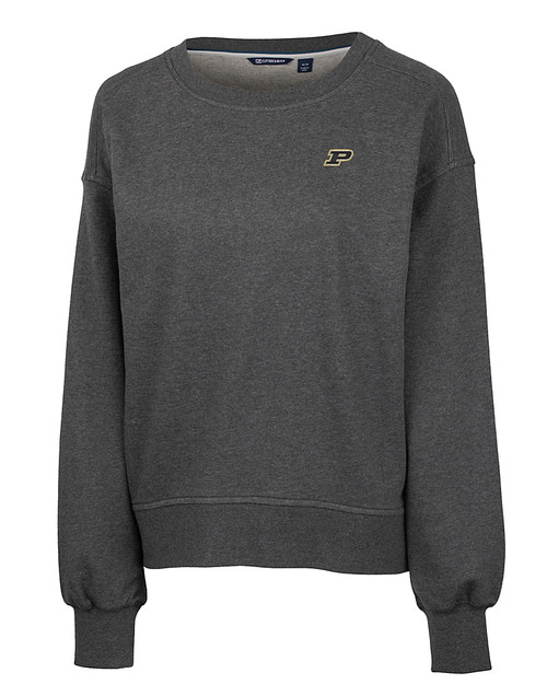 Purdue Boilermakers Cutter & Buck Saturday Cotton Blend Womens Crew Neck Sweatshirt Charcoal Heather Mannequin