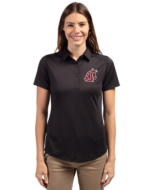 Washington State Cougars Cutter & Buck Prospect Eco Textured Stretch Recycled Womens Short Sleeve Polo Black Front