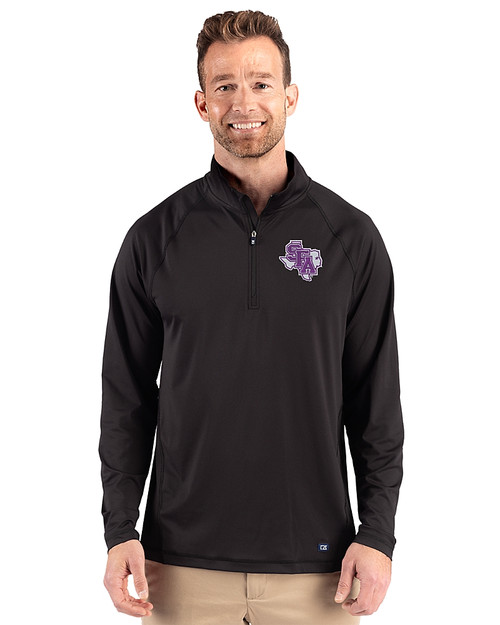 Stephen F Austin Lumberjacks Cutter & Buck Prospect Recycled Featherlight Stretch Mens Quarter Zip Black Front