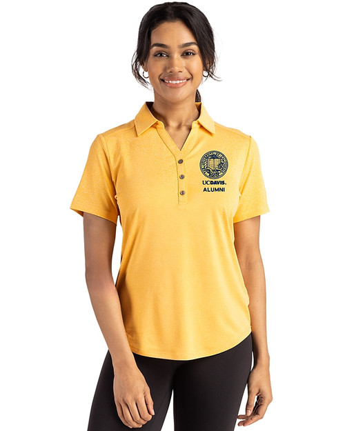 UC Davis Alumni 91���� Forge Recycled Four-Way Stretch Womens Polo College Gold Heather Front