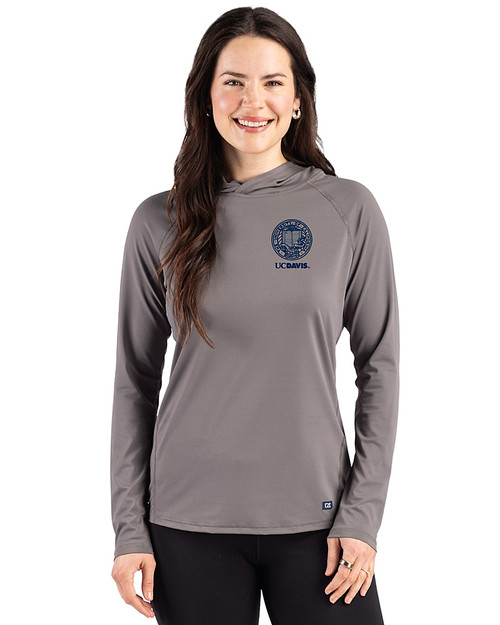 UC Davis - Cutter & Buck Prospect Recycled  Featherlight Stretch Womens Hooded Pullover Elemental Grey Front
