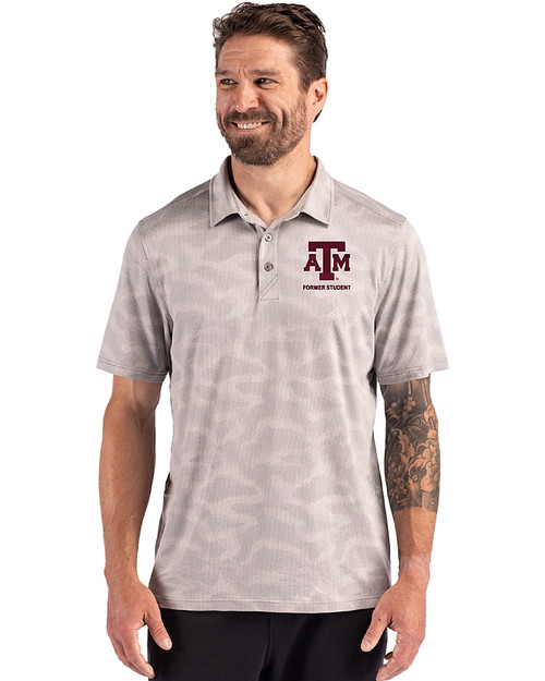 Texas A&M Aggies Alumni Cutter & Buck Coastline Recycled Double Peached Camo Print Mens Polo CONCRETE Front