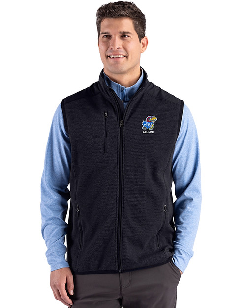 Kansas Jayhawks Alumni Cutter & Buck Hunts Point Recycled Fleece Mens Hybrid Full Zip Vest Black Front