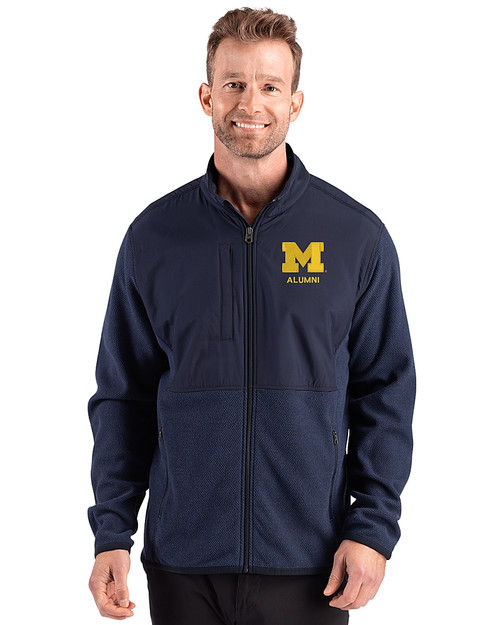 Michigan Wolverines Alumni Cutter & Buck Hunts Point Recycled Fleece Mens Hybrid Full Zip Jacket
 Navy Blue Front