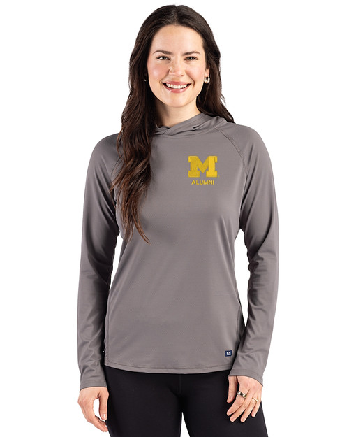 Michigan Wolverines Alumni Cutter & Buck Prospect Recycled  Featherlight Stretch Womens Hooded Pullover Elemental Grey Front