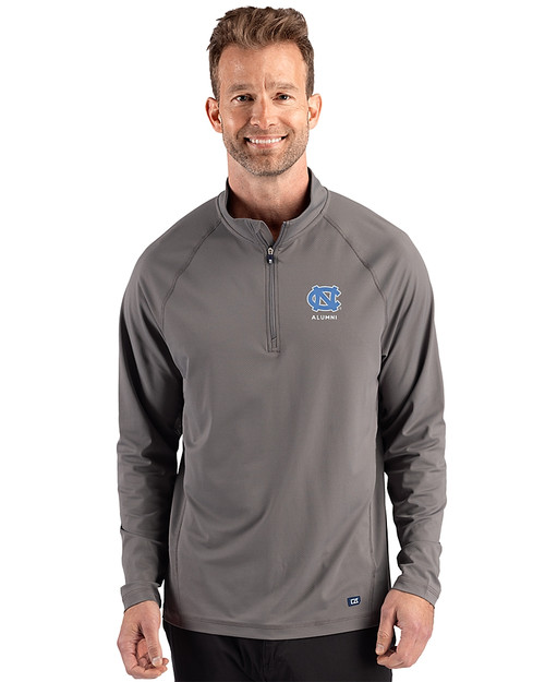 North Carolina Tar Heels Alumni Cutter & Buck Prospect Recycled Featherlight Stretch Mens Big & Tall Quarter Zip Elemental Grey Front