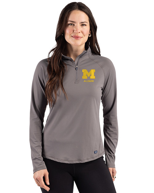 Michigan Wolverines Alumni Cutter & Buck Prospect Recycled Featherlight Stretch Womens Quarter Zip Elemental Grey Front