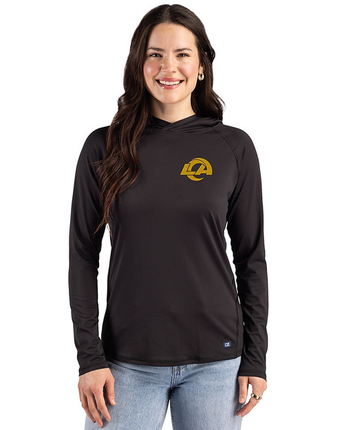 Los Angeles Rams- Cutter & Buck Prospect Recycled  Featherlight Stretch Womens Hooded Pullover Black Front