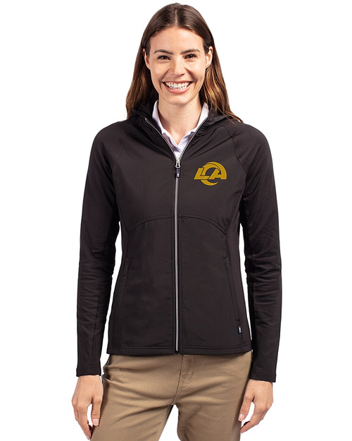 Los Angeles Rams- Cutter & Buck Adapt Recycled Soft Knit Stretch Womens Hybrid Full Zip Jacket Black Front