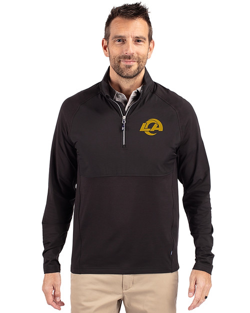 Los Angeles Rams- Cutter & Buck Adapt Recycled Soft Knit Stretch Mens Hybrid Quarter Zip Pullover  Black Front