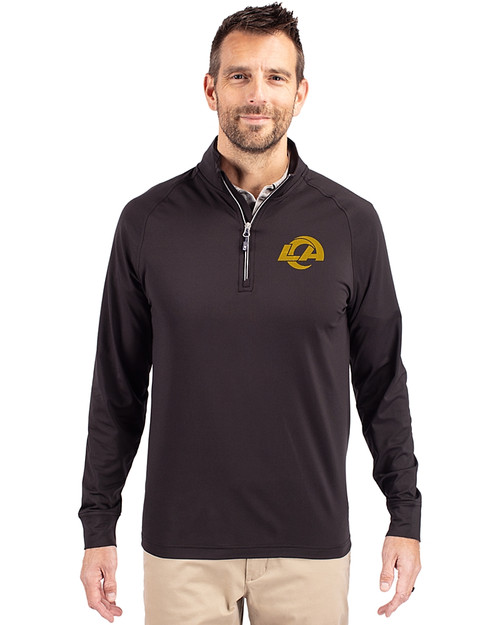 Los Angeles Rams- Cutter & Buck Adapt Recycled Soft Knit Stretch  Mens Quarter Zip Pullover Black Front