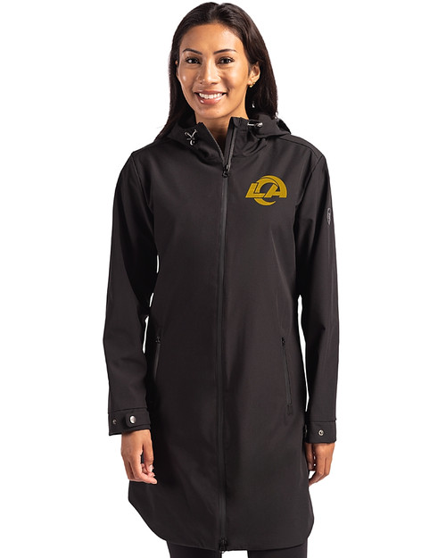 Los Angeles Rams- Cutter & Buck Camano Recycled Everyday Stretch Water Resistant Womens Full Zip Jacket Black Front