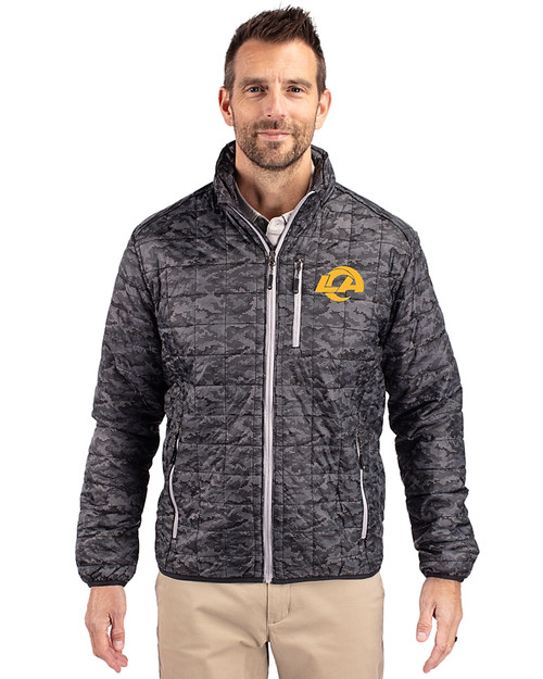 Los Angeles Rams- Cutter & Buck Rainier Recycled Insulated Printed Puffer Mens Full Zip Jacket Black Front